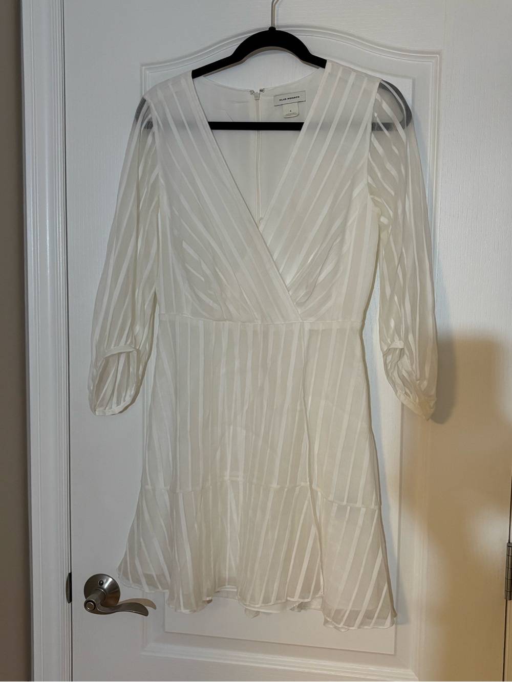 Club Monaco White Sheer Striped V-Neck Midi Dress